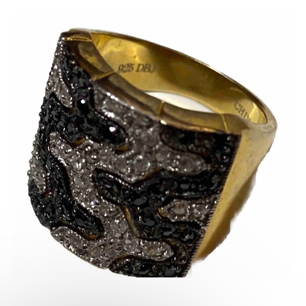 925 DBJ STERLING SILVER WIDE BAND RING BLACK WHITE STONE ZIG ZAG DESIGNER STYLE